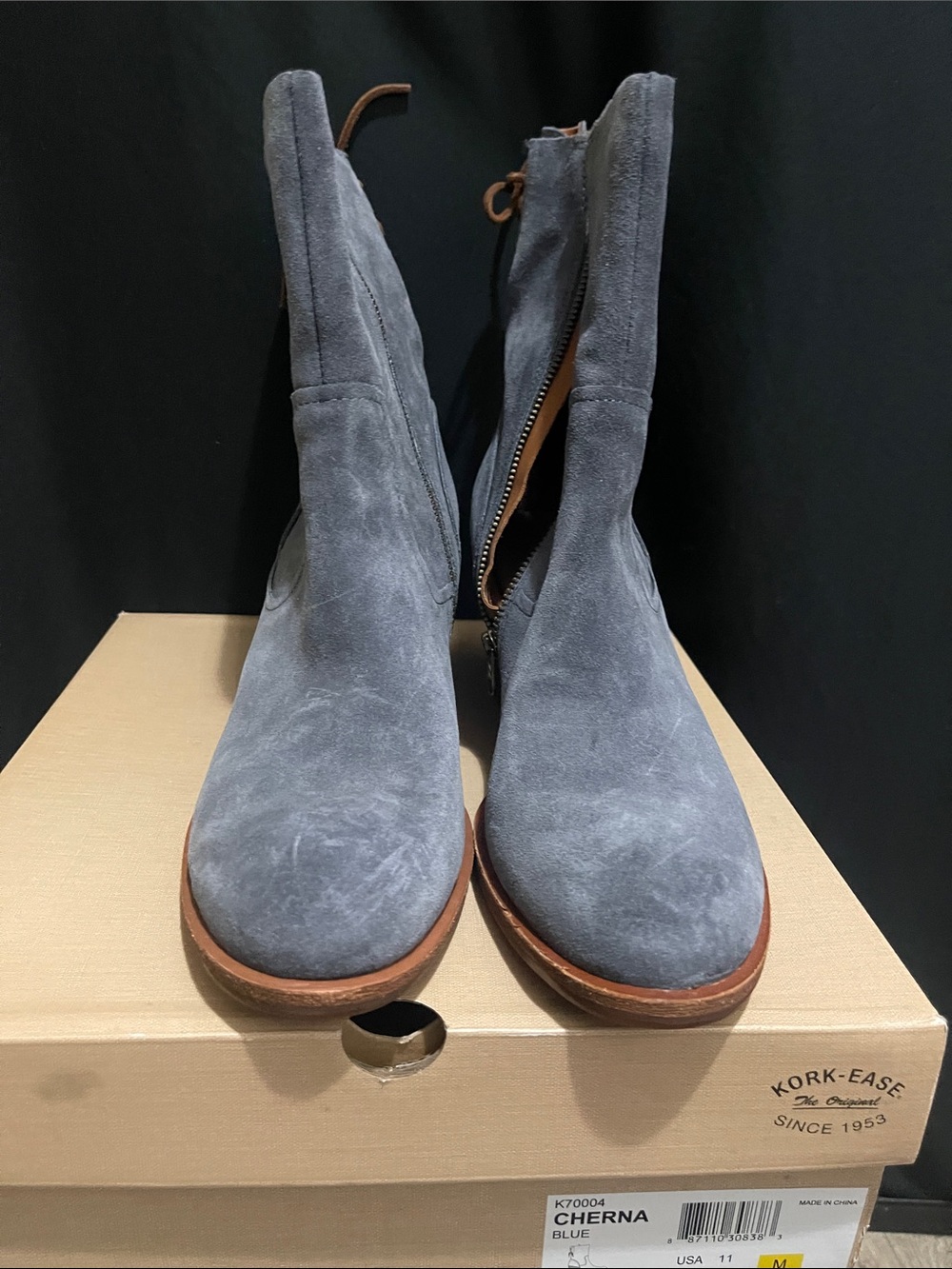 Kork-Ease Cherna Blue Suede Ankle Boots with Brown Trim